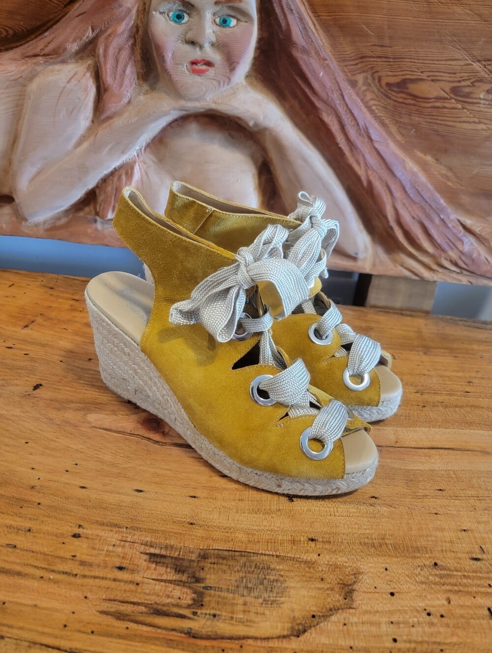 Carmen Saiz Size 9 Suede Mustard Yellow Peep-toe Lace-Up Wedge Espadrille